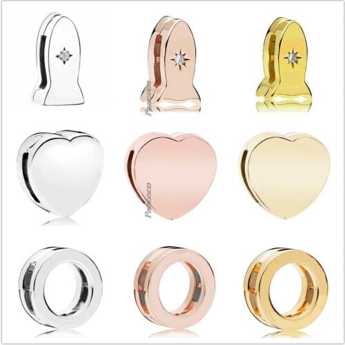 Authentic 925 Sterling Silver Baeds Smooth Reflexions Logo Clip Stopper Lock Charm Fit Pandora Women Bracelet & Necklace Jewelry