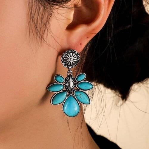 Free Shipping Turquoise Stone Cluster Flower Drop Earrings for Women 2021 Fashion Metalwork Vintage Silver Jewelry Wholesale