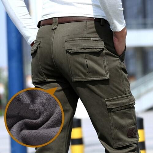 Plus Size 40 42 44 Fleece Warm Winter Pants Men Loose Casual Pants Cargo Mens Clothes Army Green Khaki Black Overalls