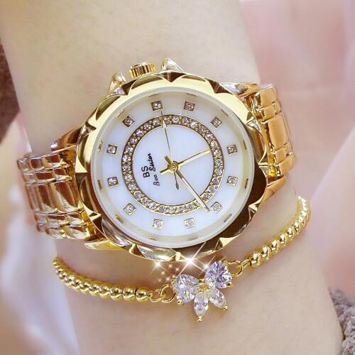 Bs Brand Womens Quartz Watch Elegant Fashion Business Rhinestone Round Stainless Steel Watches Jewelry Gift Relogio Feminino