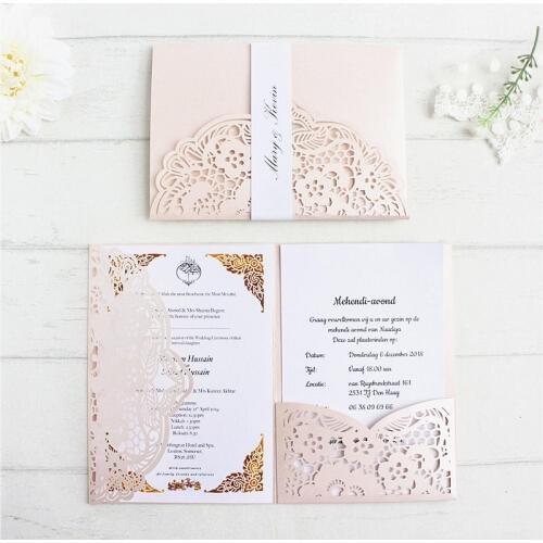 Elegant invitations wedding pink laser cutting with RSVP insert belly band pocketfold birthday card personalized printing