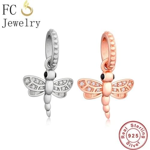 FC Jewelry Fit Original Brand Charm Bracelet Authentic 925 Silver Rose Gold Dragonfly Cubic Zirconia Bead For Making Berloque