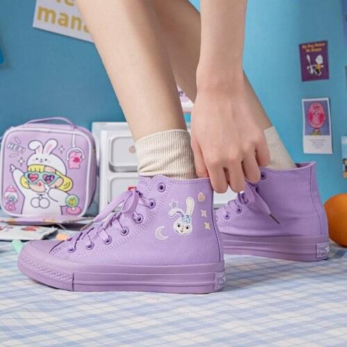 Purple Student Trainers Shoes Beautiful Sneakers Cute Cartoon Rabbit Girls Shoes Casual All Match Lace Up Flat Heel Canvas Shoes