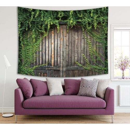Tapestry Wooden Door with Climbing Shrub Leaves Ivy Plant Facade of Vintage House Beige Green Photo Printed