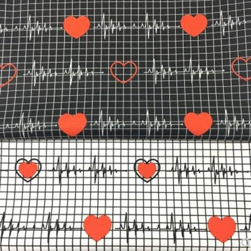 50x160cm Black White Red Heat Electrocardiogram Printed Cotton Fabric Patchwork Cloth Dress DIY Sewing Quilting Home Decor