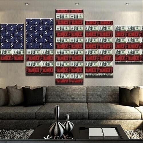 Living Room HD Printed Painting Modern Wall Art Pictures 5 Panel America Flag Dollar Money Home Decoration Posters Framework