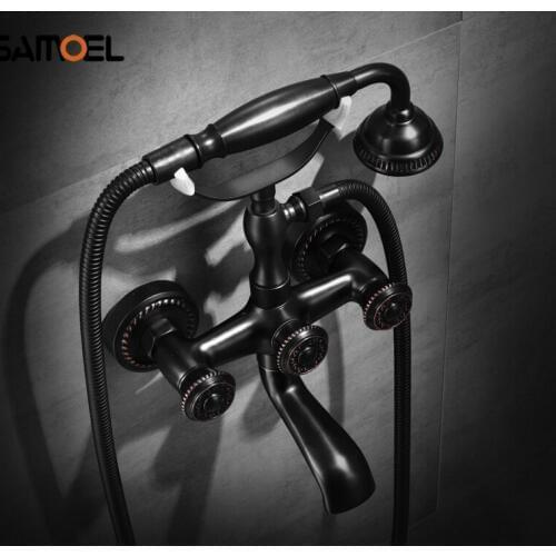 Classic Solid Brass Black Shower Faucet Set Wall Mount Black Bronze Bathtub Mixer Tap with Dual Handle SF1047
