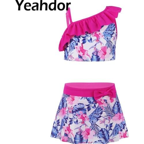3Pcs Kids Girls Swimwear Swimming Suit Asymmetrical Shoulder Strap Ruffle Trim Floral Print Crop Tops with Skirt and Briefs Set