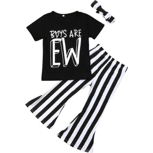 3Pcs Infant Baby Girls Outfits Letters Printed Short Sleeve T-Shirt Top + Striped Flare Pants Long Trousers + Cute Headband