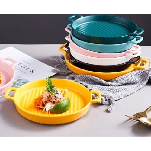 Creative Ceramic Tableware Cheese Gratin Plate Round Two-ear Baking Plate Microwave Oven Baking Oven Western Steak Plate