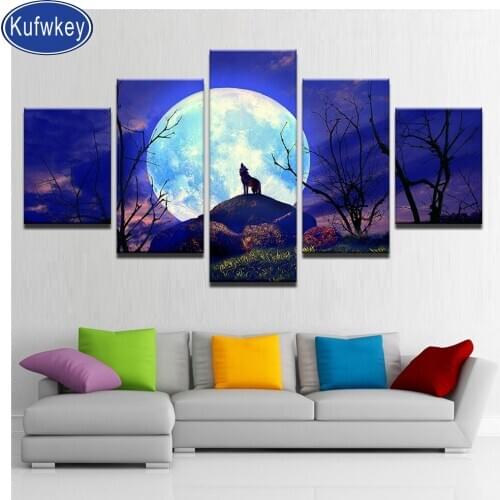 5 pcs diamond painting Moon Night Forest Animal Wolf daimant painting full square round drill 5d diy diamond embroidery mosaic
