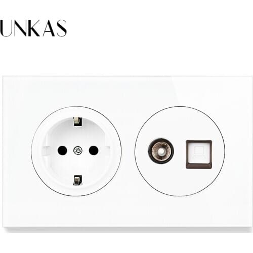 UNKAS 16A EU Wall Socket + Female TV Connector And RJ45 Computer Jack 146MM*86MM Crystal Glass And Black Aluminum Panel Outlet