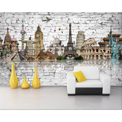 Custom mural home decoration living room bedroom brick wall painting world famous building 3d Self Adhesive wallpaper Waterproof