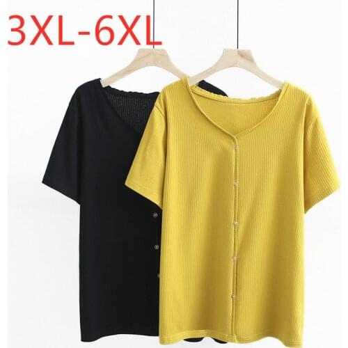 New 2021 summer plus size tops for women large loose casual short sleeve cotton button T-shirt yellow black 3XL 4XL 5XL 6XL