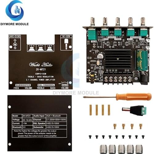MT21 Bluetooth 5.0 Subwoofer Amplifier Board 50WX2+100W 2.1 Channel Power Audio Stereo Amplifier Tone Board Bass AMP AUX 12V 24V