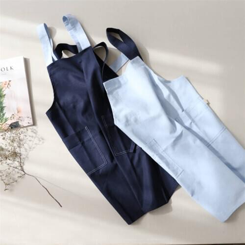 Japanese Style Simple Cotton Bib Apron with Pockets Women Abstract House Kitchen Cafe Workwear