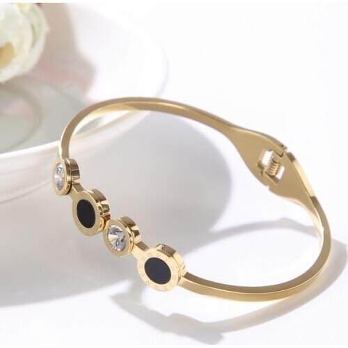 Luxury Crystal Round Black Shell Stainless Steel Bangles & Bracelets For Women Girls & Friends Fashion Jewelry Bangles Gift