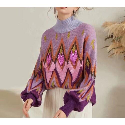 Eliasha Purple Sequin Embroidered Lazy Sweaters Pullovers Women Vintage Long Sleeve Turtleneck Autumn Winter Knitted Warm Jumper