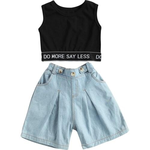 FOCUSNORM Fashion Toddler Girls Clothes Sets 3-8Y Letter Sleeveless Pullover Vest Tops Blue Denim Shorts