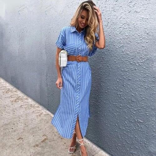 Vintage Striped Summer Autumn Dress Shirt Women Midi Slit Dress Blue Casual Loose Outfits Dress Oversized Vestido Feminino