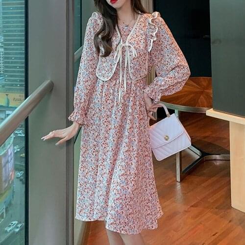 Summer Romantic Retro Floral Lotus Leaf Elegant Dress Female Y2k Korean Fashion Slim Bow Horn Long-Sleeved Dress Female 2021