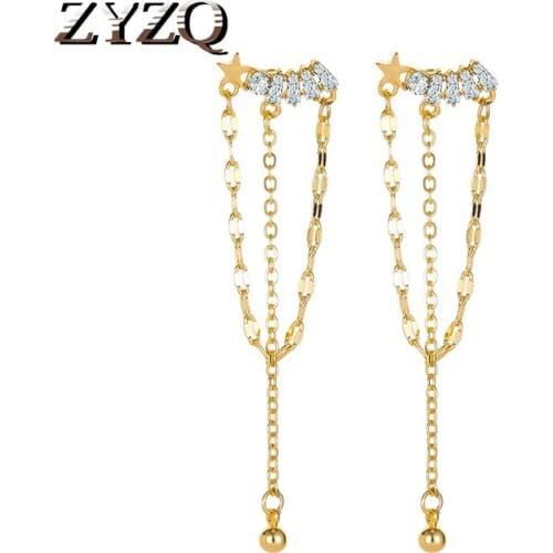 ZYZQ New Long Rhinestone Tassel Gold Color Dangle Earrings for Women Engagement Drop Earing Fashion Wedding anniversary Gifts