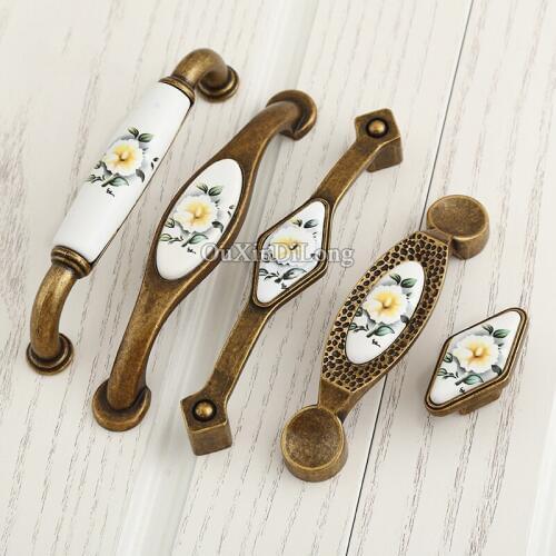 10PCS European Antique Kitchen Door Furniture Handle Ceramic Printing Cupboard Wardrobe Drawer Cabinet Pulls Knobs & Handles