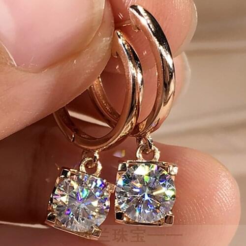 14K Au585 Rose Gold Women Stud Drop Clip Hoop Earrings Moissanite Diamonds Round Wedding Party Engagement Anniversary Trendy