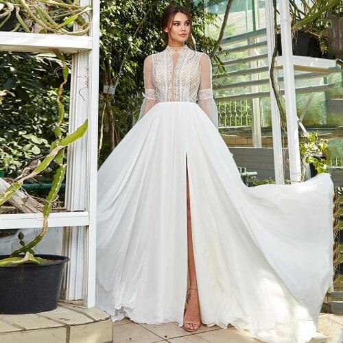 2021 Sexy Wedding Dress with Slit See-through Long Sleeves Lace High Neck Chiffon A Line Bridal Dresses