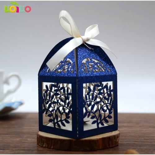 50pcs elegant laser cut wedding candy box leaf design glitter paper with personazlie logo