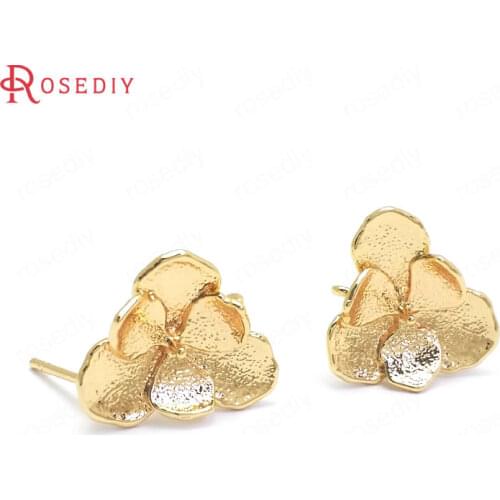 37358)6PCS 16x14MM 24K Gold Color Brass Flower Stud Earrings Pins High Quality Jewelry Making Supplies Diy Findings Accessories