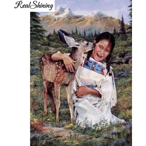 5D Diamond Painting Full Square round indian girl and deer diamond Embroidery Sale Diamond Mosaic Picture Rhinestone Home Decor FS7101