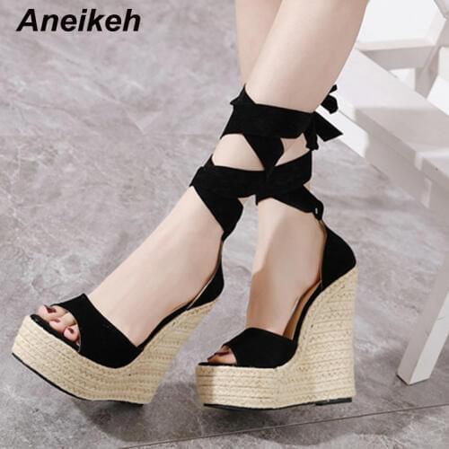 Aneikeh Leisure Stretch Fabric Sandal Women Wedges Sandals Lace-Up Wedges High Heels Thin Belt Solid Black Party Daily Size 4-9