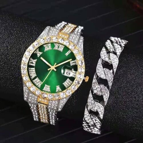 Luxury Full Iced Out Watch for Men Bracelet Big Gold Cuban Chain Watch Hip Hop Watch Men Miami Rhinestone CZ Bling Jewelry Set