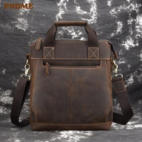 Business vintage genuine leather mens briefcase handbag high-quality natural crazy horse cowhide work shoulder messenger bags