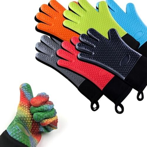 Long Thick Silicone Oven Gloves Heat Insulated Finger Gloves Non-Slip Microwave Oven Mitts Gripper Pot Holder Bbq Baking Tool