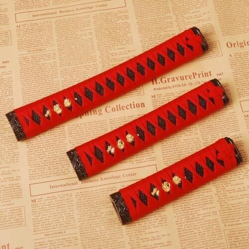 Delicate A Set of Wood Crafts Tsuka Handle Red Silk Ito & Black Rayskin & Alloy Fuchi for Japanese Sword Katana Wakizashi Tanto