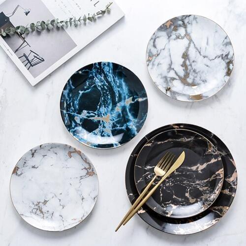 8/10 Inch Ceramic Marble Dining Plate Scandinavian Style Gold Inlay Snacks Desserts Dish Kitchen Decoration Tableware