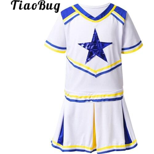 TiaoBug Kids Short Sleeves Tops with Shorts Skirt Set School Cheerleading Uniforms Stage Performance Girls Jazz Dance Costume