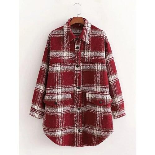 Merodi Women Winter Za Red Woolen Long Shirt Jackets Outwear Female Vogue Single Breasted Double Pockets Loose Coats Oversize