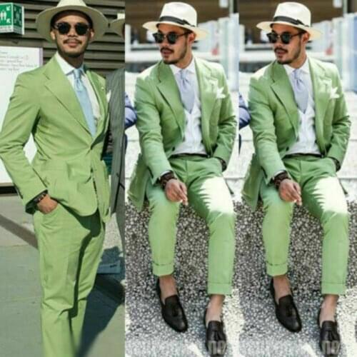 Fashion Mint Green 2 Piece Men Suits Slim Fit Two Button Notch Lapel Groom Wedding Suits For Men Casual Beach Party Prom Tuxedos