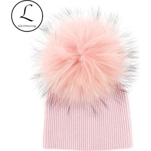 News Autumn Winter Baby Boys Girls Beanies Hats with Real Fur pompom Soft Plain Wool Cotton Skullies Hats For Kids Child Caps