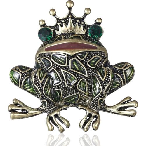New Unique Green Eyed Frog Brooch Pin Vintage Rhinestone Enamel Crown Toad Insect Animal Lapel Pins Brooches for Women Men