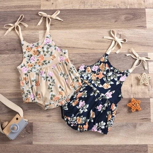 FOCUSNORM Newly Summer Baby Girls Jumpsuits Floral Printed Sleeveless Belt Jumpsuits 2 Colors Outfits 0-24M