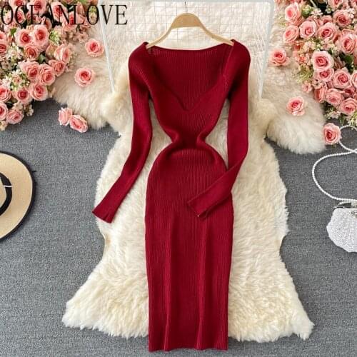 OCEANLOVE Autumn Winter Dress for Women Solid Knitting Elegant Sexy Bodycon Vestidos Vintage High Waist 2021 Stretch Robe Femme