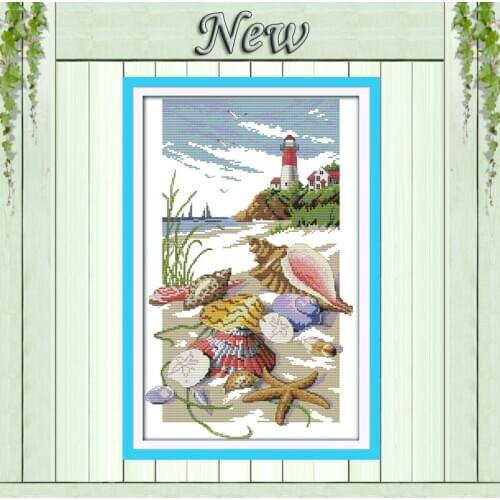 Sailing shell light tower seaside diy painting counted print on canvas Cross Stitch kits DMC 11CT 14CT needlework Sets embroider