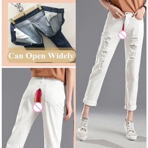 Outdoor Sex Pants Women Clothes Ripped Jeans High Waist Public Secret Open Crotchless Sexy Denim Trousers White Black Plus Size