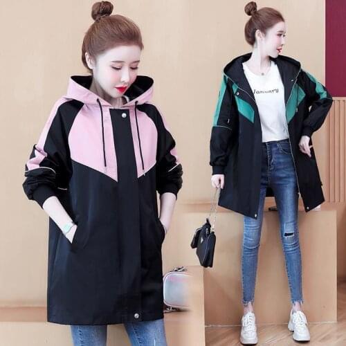 2021 Spring Autumn Color matching Hooded Windbreaker Coat Casual Women Long Trench Overcoat Plus size Loose Zipper Female Coats