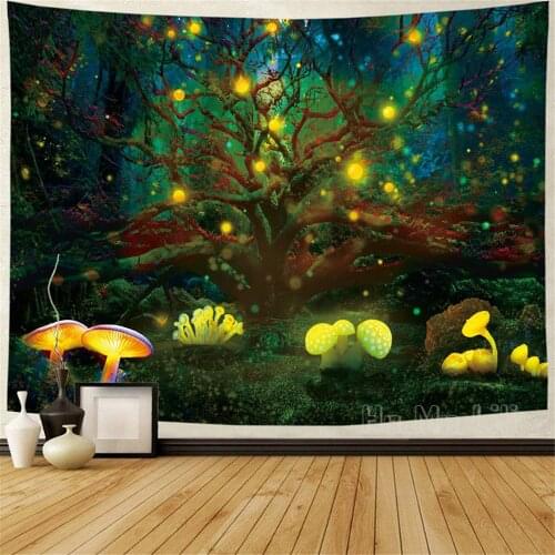Forest Fantasy Magical Mushroom Tapestry Fairy Misty Green Trees Psychedelic Virgin Plant Nature For Home Decor