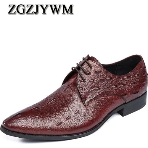 ZGZJYWM Fashion High Quality Comfortable Brand Men Crocodile Pattern Genuine Leather Lace-up Pointed Toe Flats Oxfords Men Shoes